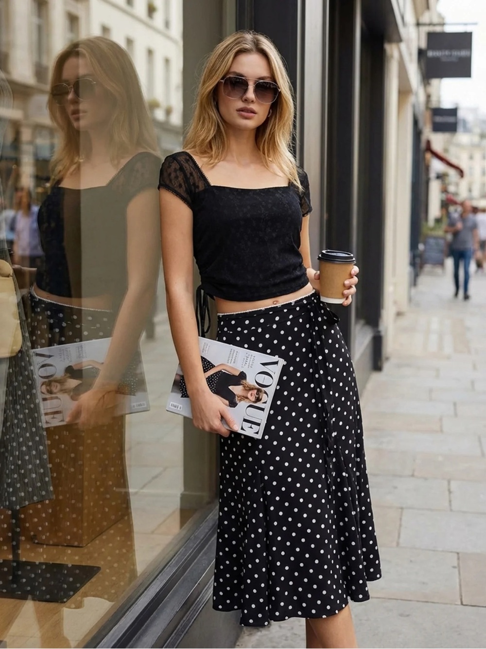 RIHOAS Black Polka Dot Midi Skirt with White Dots